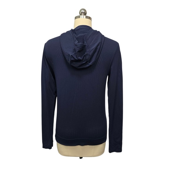 Athleta Navy Blue Perforated Hooded Athleisure Top Womens Small - Picture 2 of 10